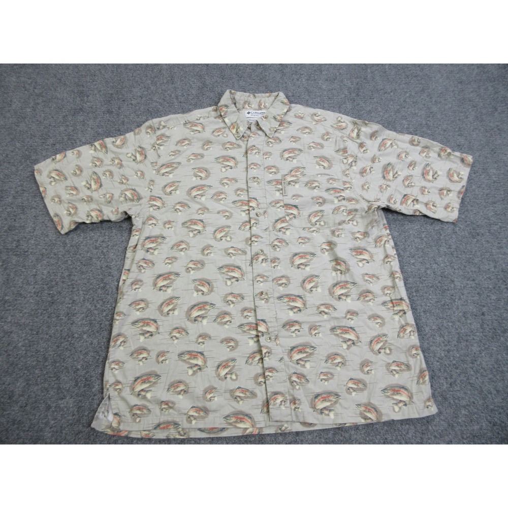 Columbia Shirt Mens M Beige Fish Print Viscose Cotton Short Sleeve Button Front